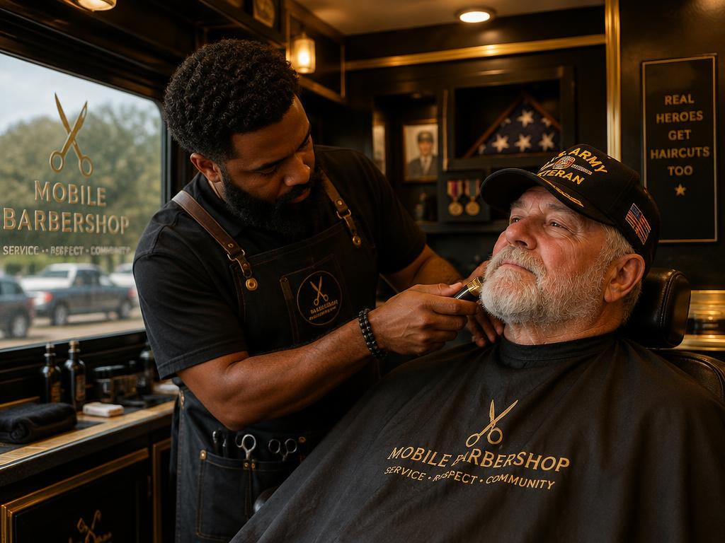 A barber trimming a veteran's beard