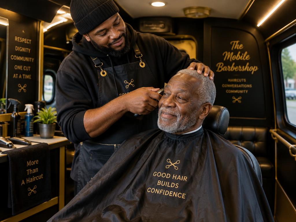 A barber giving a smiling senior a haircut inside the mobile shop
