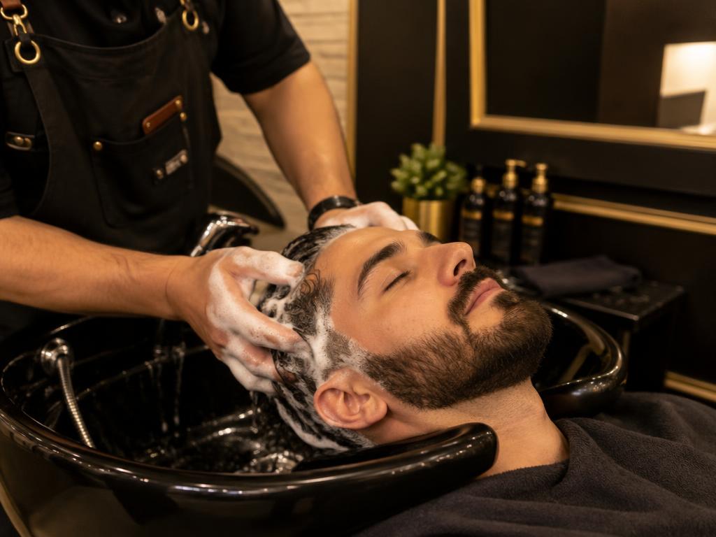 A barber shampooing a client's hair at a wash station